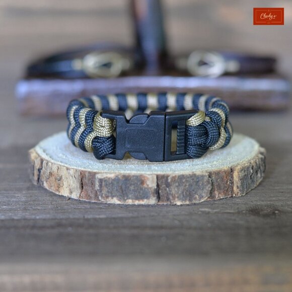 Paracord Bracelet/Survival Bracelet Side Release Buckle Black/Khaki L 8"(ID 185) - Picture 1 of 2